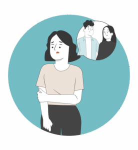 Illustration einer Person, die unsicher neben zwei anderen steht - Symbol für fehlendes Vertrauen und innere Alarmbereitschaft.