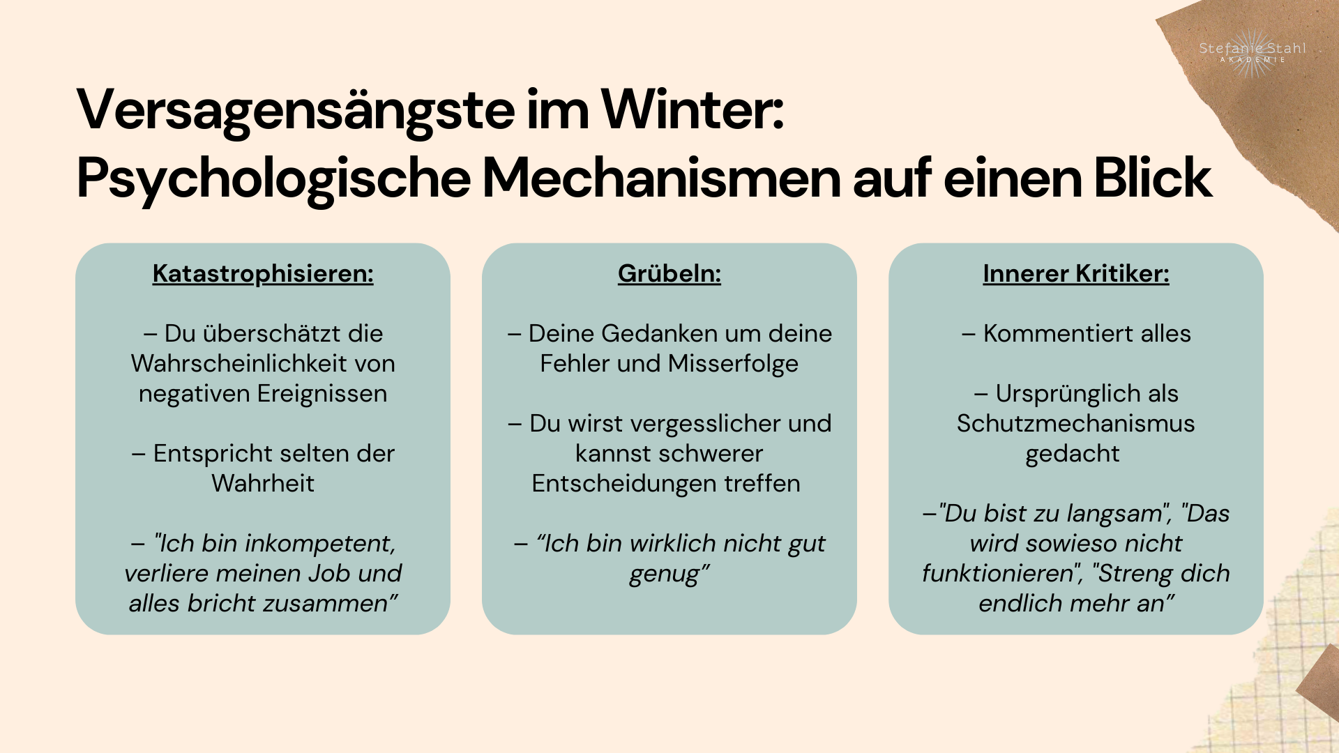 Infografik “Versagensängste im Winter: Psychologische Mechanismen auf einen Blick”. Drei Kategorien von Psychologischen Mechanismen sind dargestellt: Katastrophisieren, also das Überschätzen und Überdramatisieren der Wahrscheinlichkeit von negative Ereignissen; Grübeln, also das Gedankenkarussell rund um eigene Fehler und Misserfolge; sowie der innere Kritiker, der ursprünglich aus Schutzmechanismus gedacht war und alles was wir tun kommentiert.