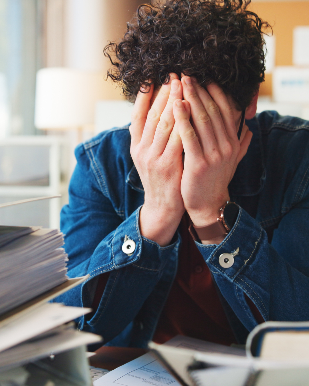 Überforderte Person im Büro mit Händen vor dem Gesicht, umgeben von Unterlagen und Laptop – Symbol für Angst vor Verantwortung, Stress im Job, Entscheidungsdruck und Überforderung im Alltag.