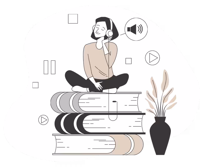 Illustration einer Person, die mit großen Kopfhörern entspannt auf einem Stapel Büchern sitzt.