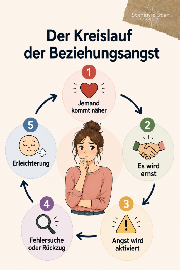 Bin ich bereit für eine Beziehung? 10 ehrliche Zeichen, dass du emotional offen für Nähe bist 2 Bin ich bereit für eine Beziehung? 10 ehrliche Zeichen, dass du emotional offen für Nähe bist Grafik Der Kreislauf der Beziehungsangst